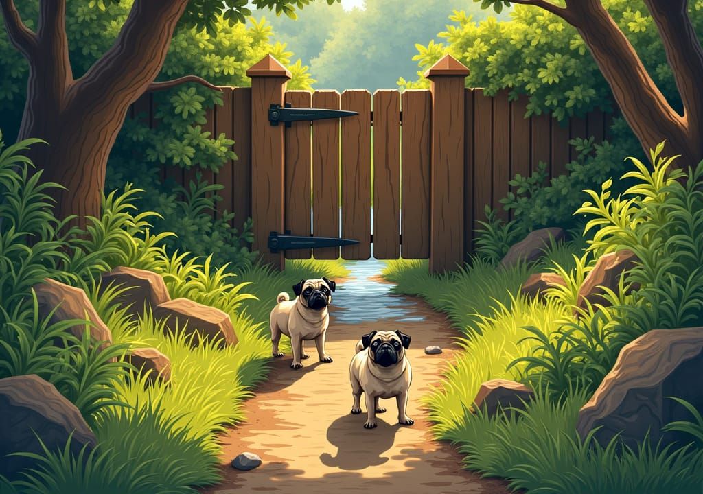 Isometric Pugs on Path to Rustic Gate