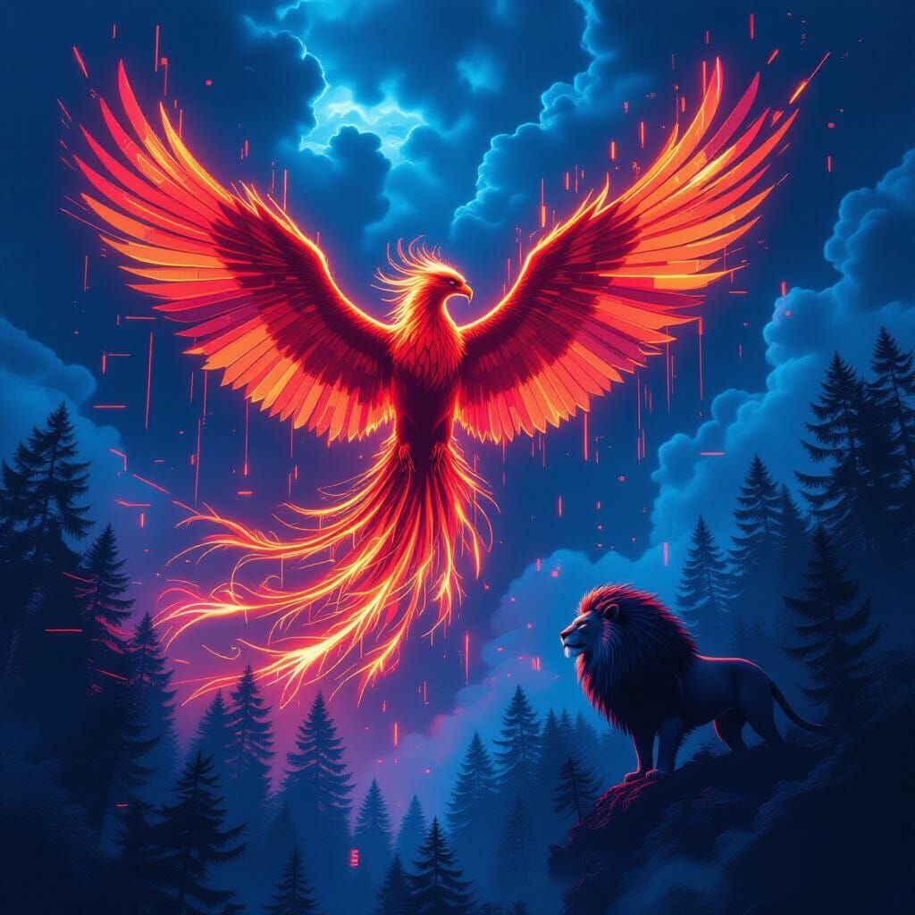 majestic digital phoenix rising mid-glitch, ...