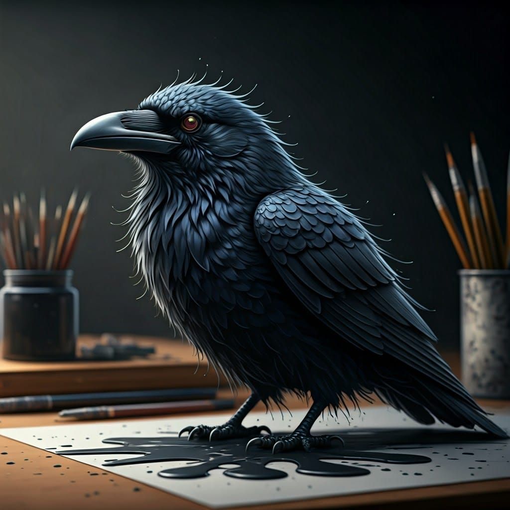 Ink Splatter Raven on Artist's Desk