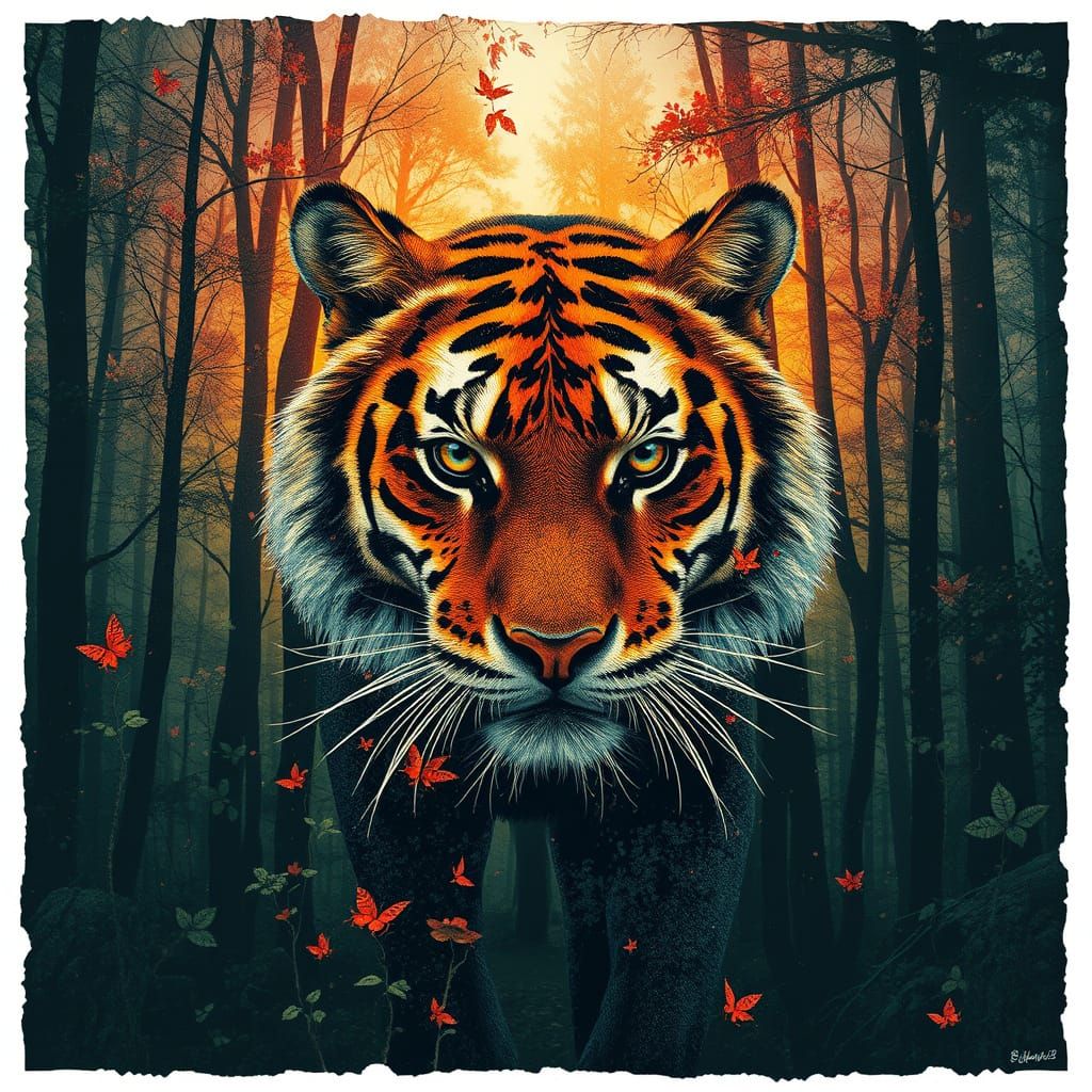 Majestic Tiger Silhouette in Forest with Double Exposure