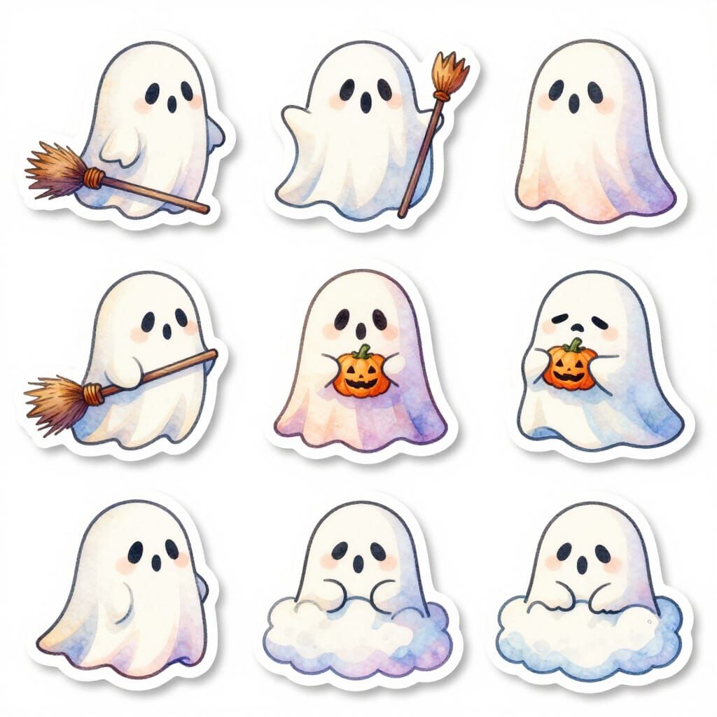 Cute Ghost Stickers with Pastel Watercolor Textures