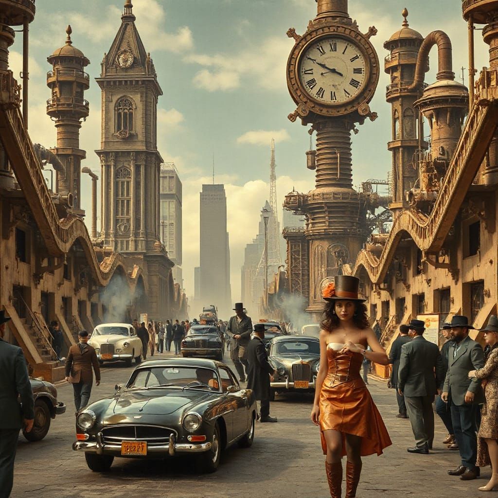 Steampunk Cityscape with Vintage Cars