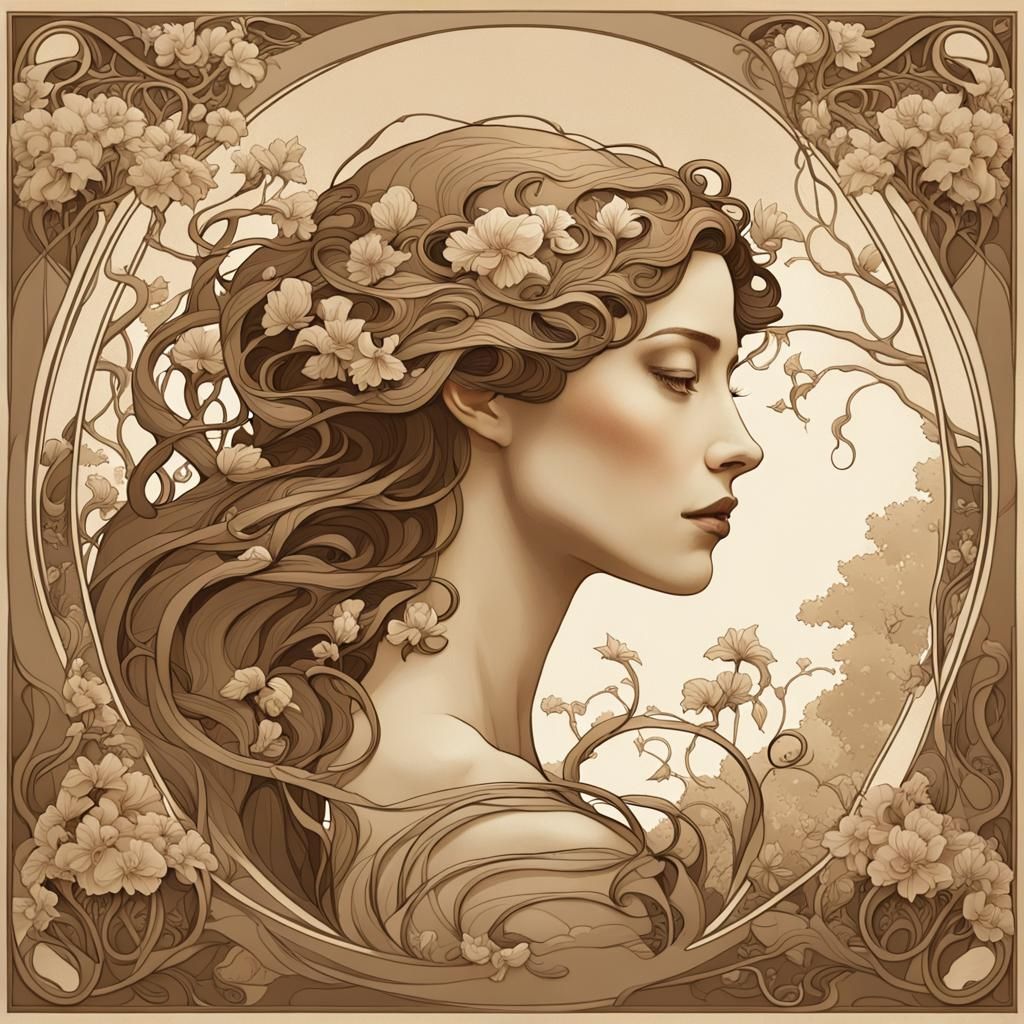 Elegant Woman in Art Nouveau Style Vintage Print
