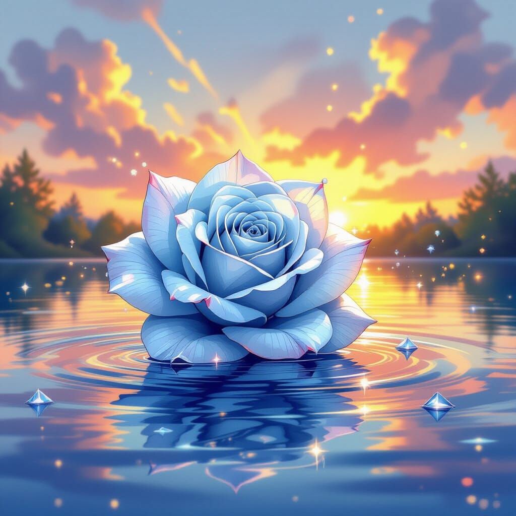 Light Blue Rose on Lake in Watercolor Graffiti Style