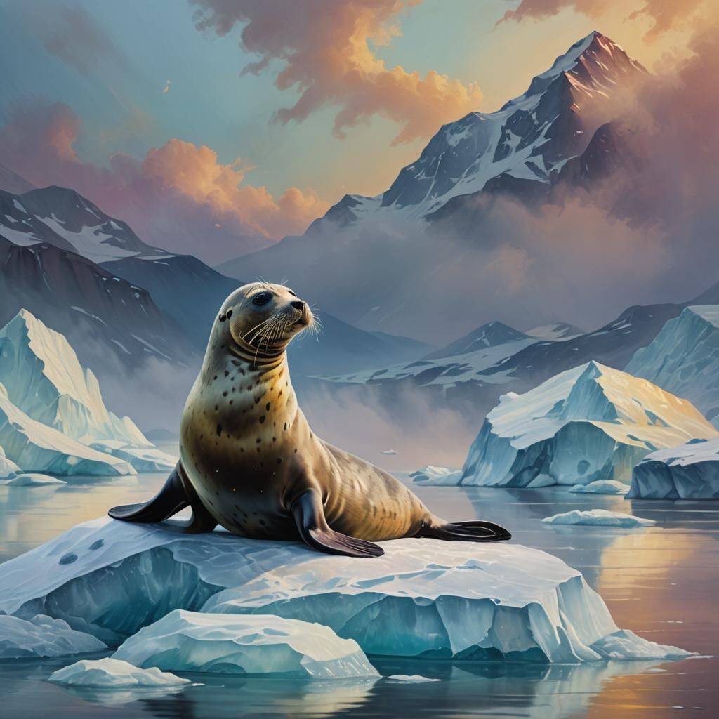 Seal on Iceberg in Vibrant Oil Painting Style