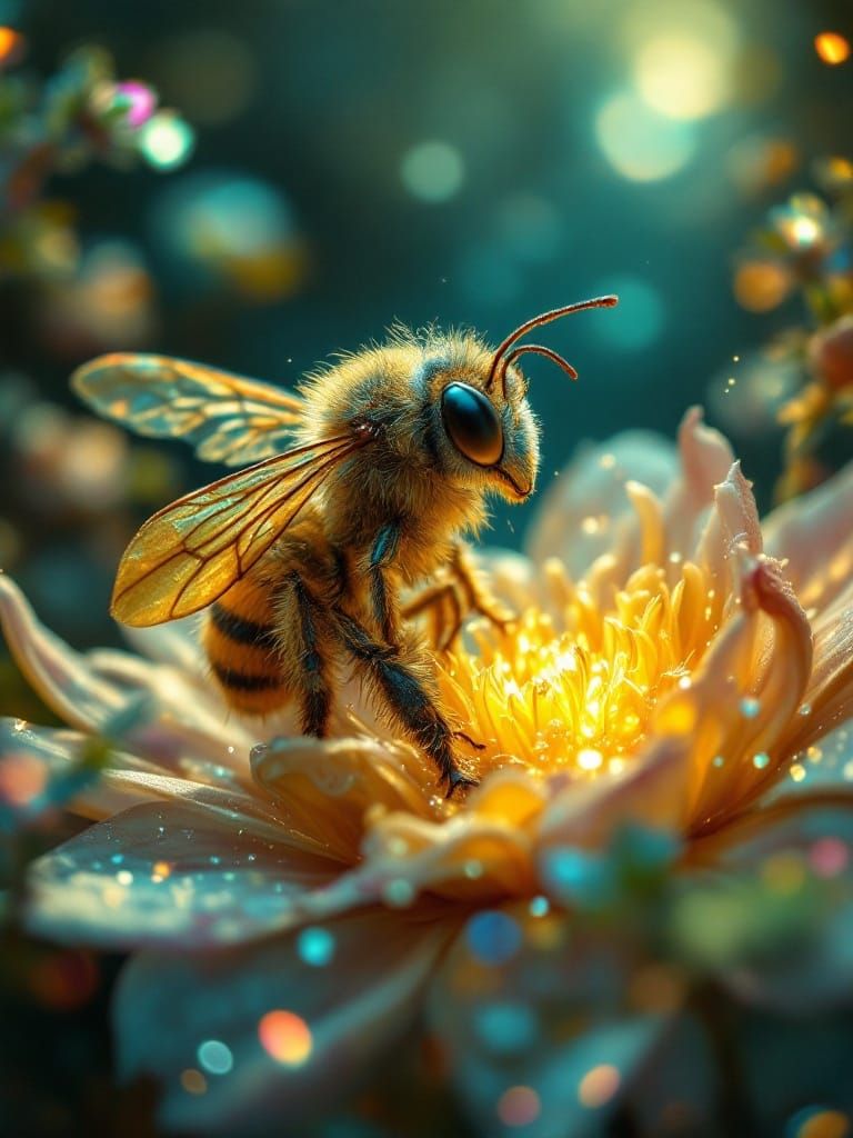 Whimsical Bee Explores Glowing Fantasy Realm