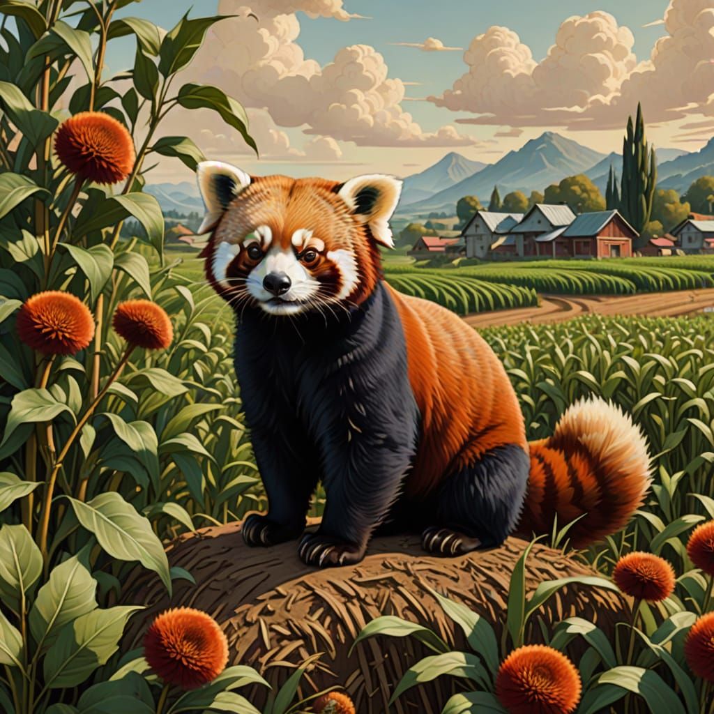 Art Nouveau Red Panda on Chinese Collective Farm