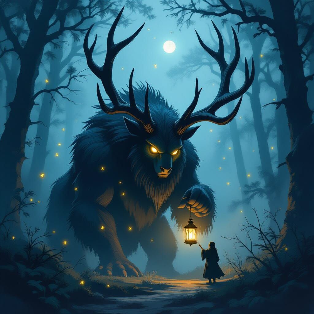 Shadowy Beast Lights Lanterns in Enchanted Forest