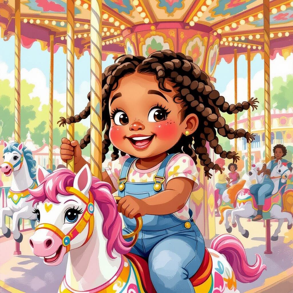 Joyful Girl on Carousel in Watercolor Style
