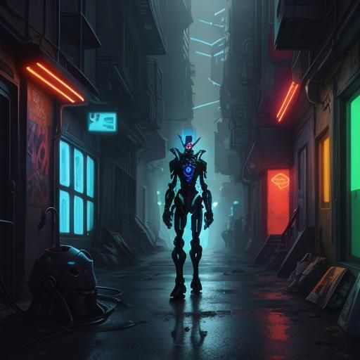 AR Glasses Target Robot in Dystopian Alley