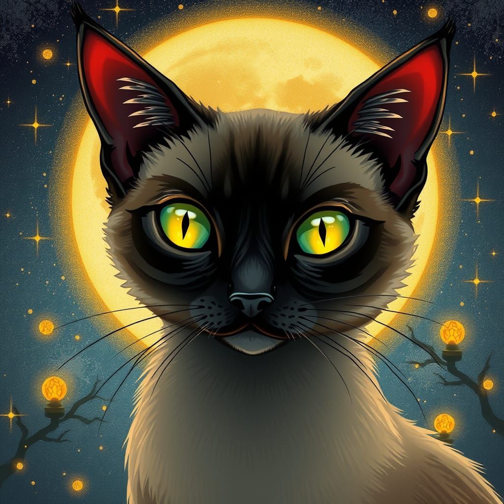 Whimsical Siamese Cat Under Silver Gold Moon
