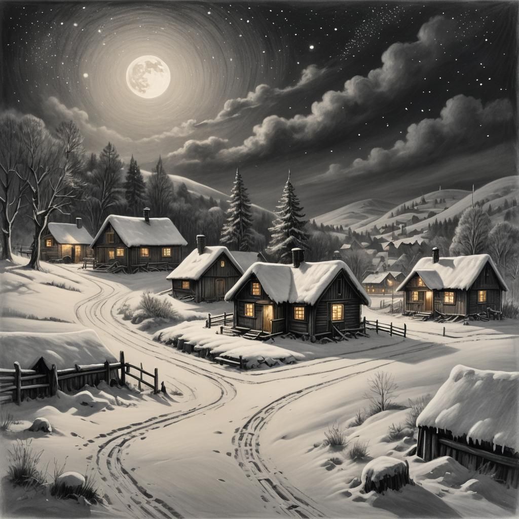 Snowy Village at Night: Charcoal Drawing of Winter Huts