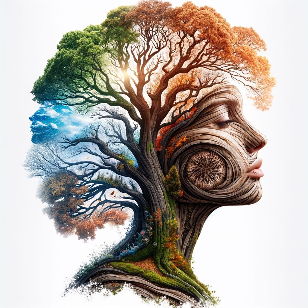 Seasonal Oak Tree Double Exposure Artwork