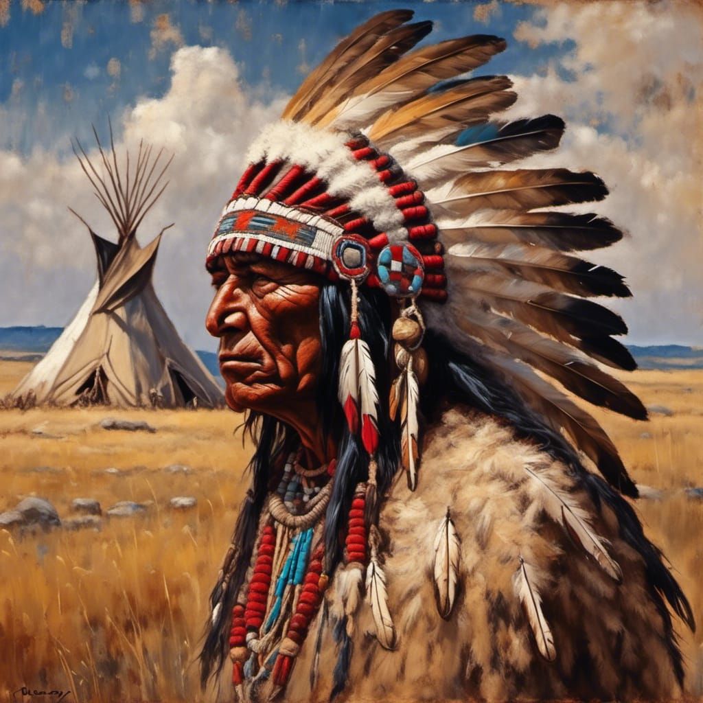 Native American Chieftain with Eagle Feather Headdress
