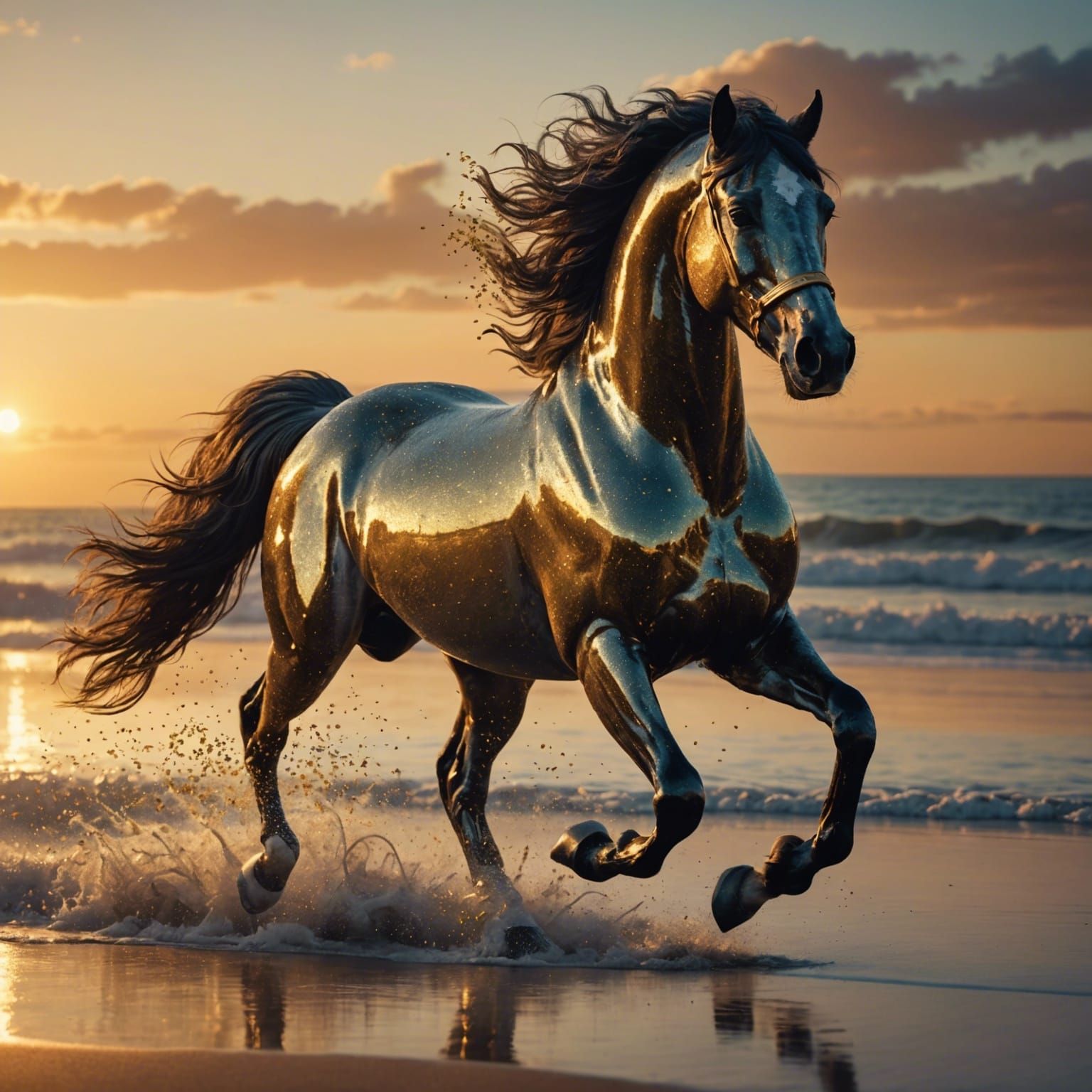Sparkling Transparent Horse Running on Sunset Beach