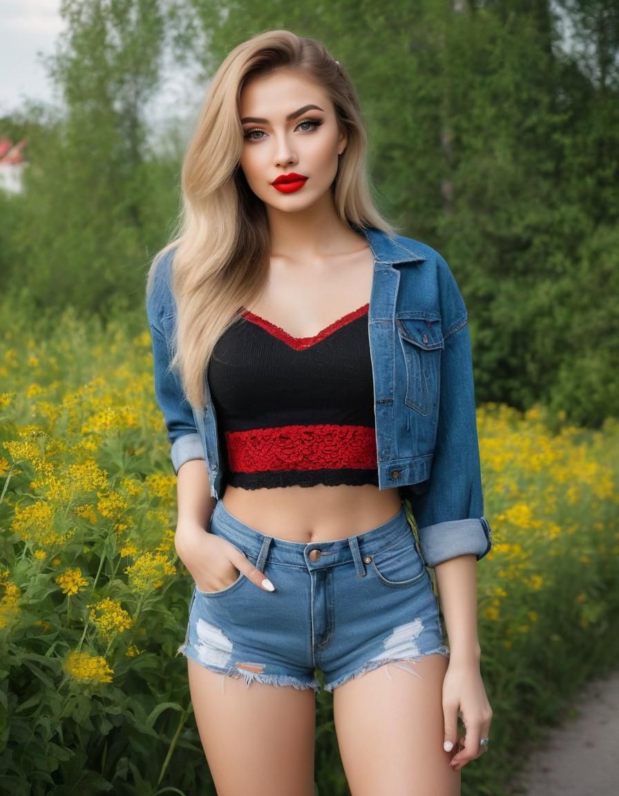 Young woman in crop top and short jeans