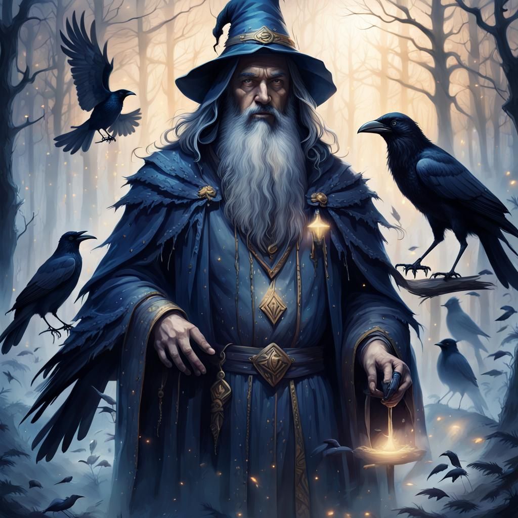 Raven Wizard in Misty Forest: Ethereal Illustration