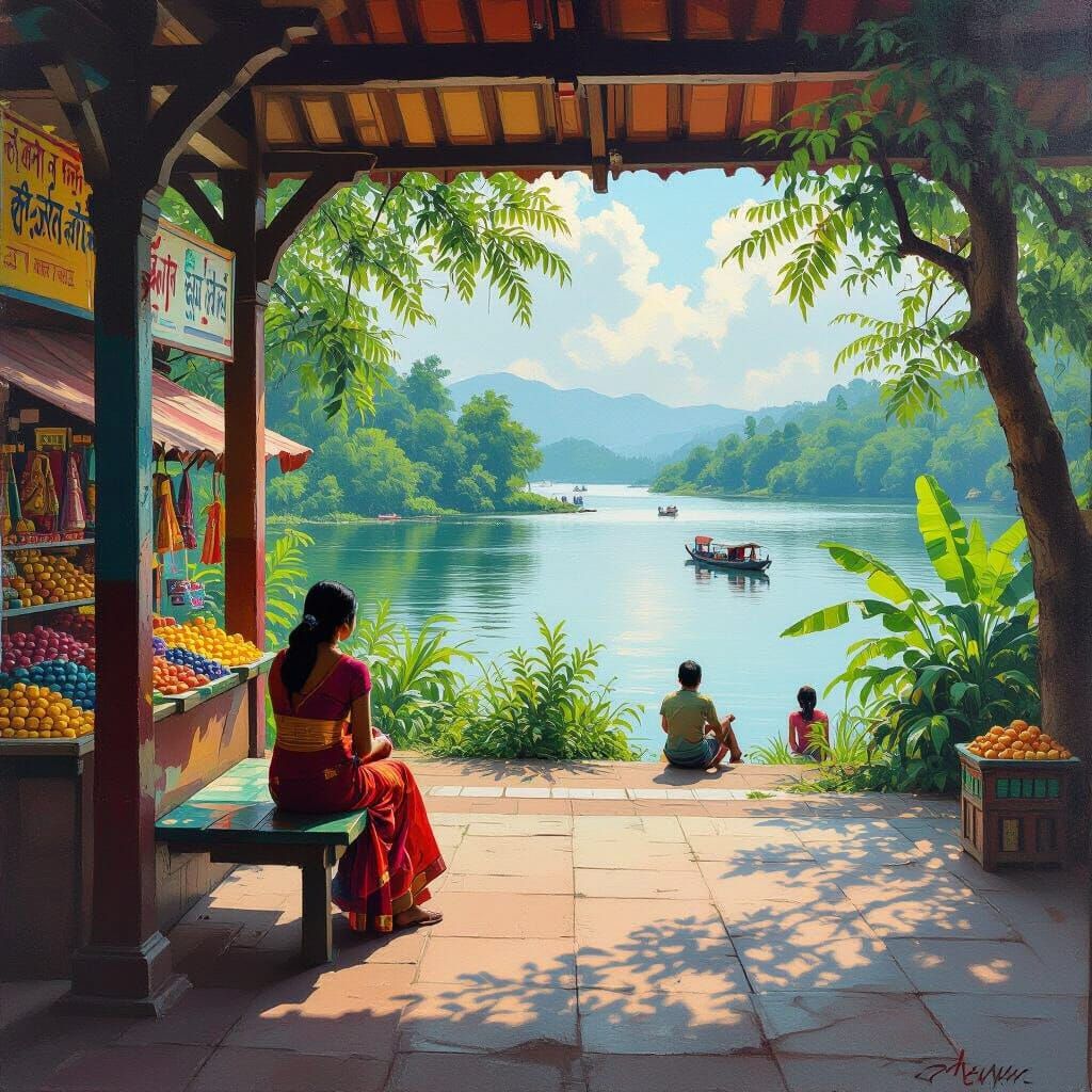 Indian Woman at Bus Stop in Vibrant Market Scene