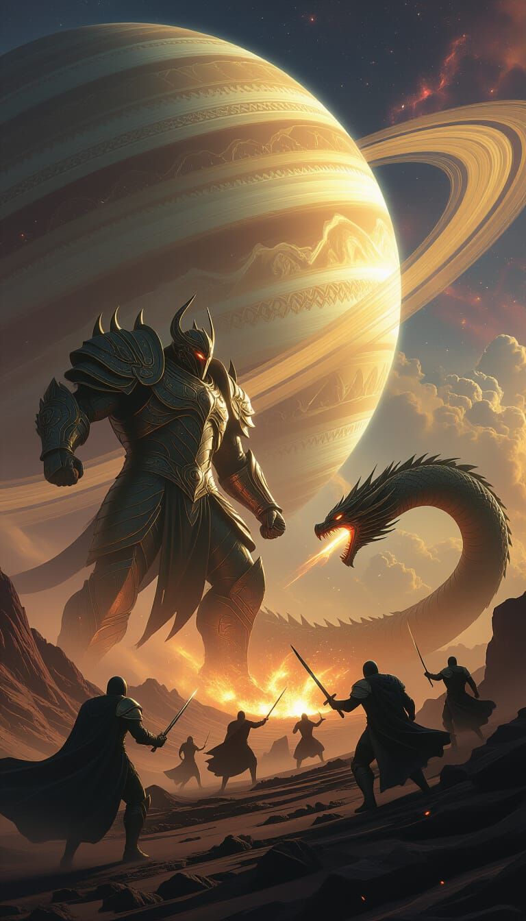 Colossal Saturnian Giants Battle Cosmic Dragon
