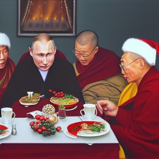 Putin's Christmas Breakfast with Dalai Lamas: Oil Painting