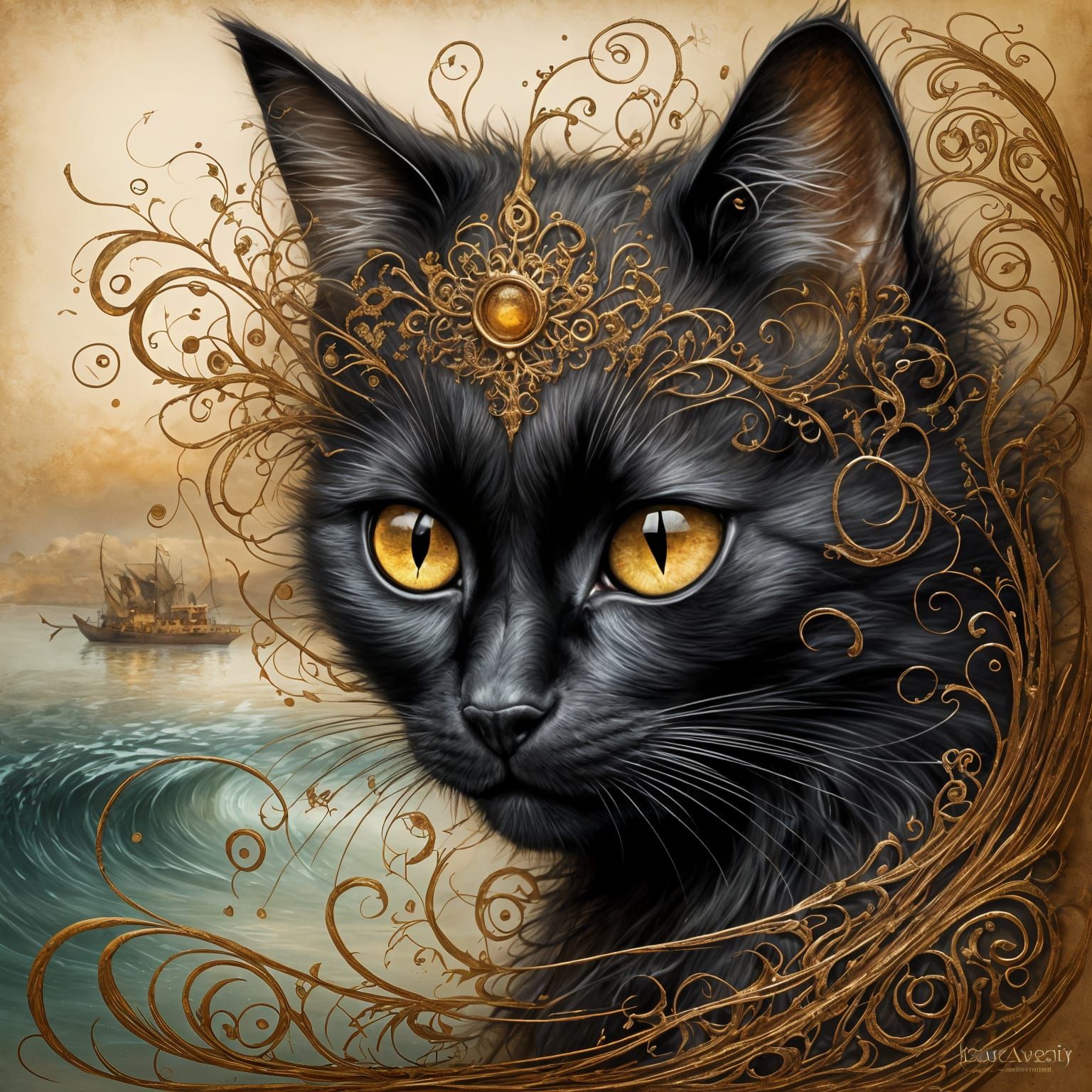 Whimsical Cat Sketch with Filigree Details