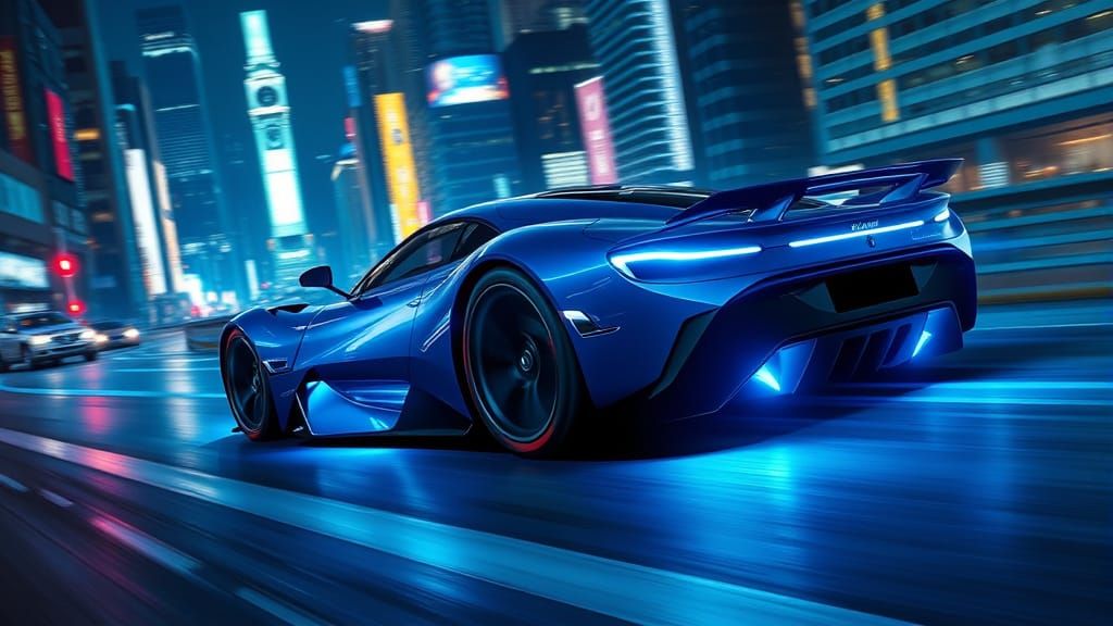Futuristic Blue Sports Car Races Through Neon City