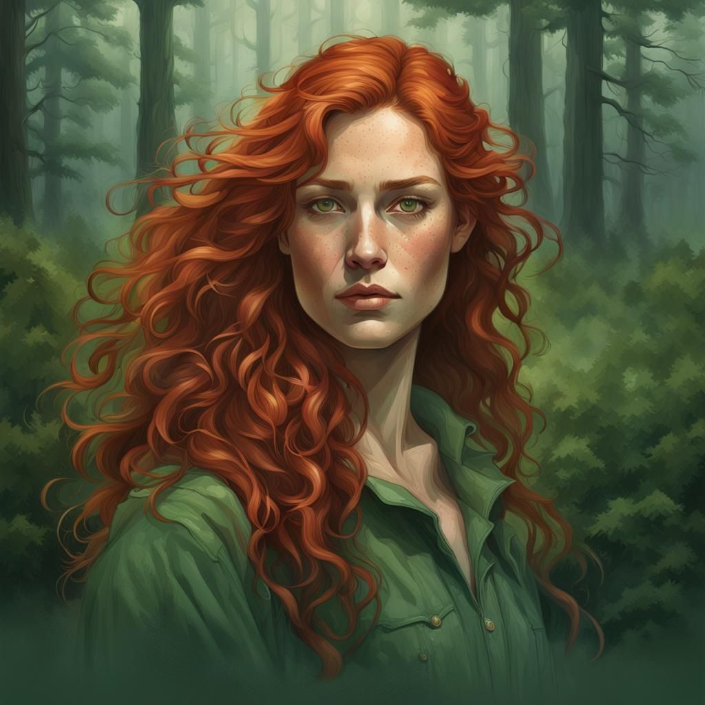 Dreamy Portrait of a Redhead in Forest, Photorealistic