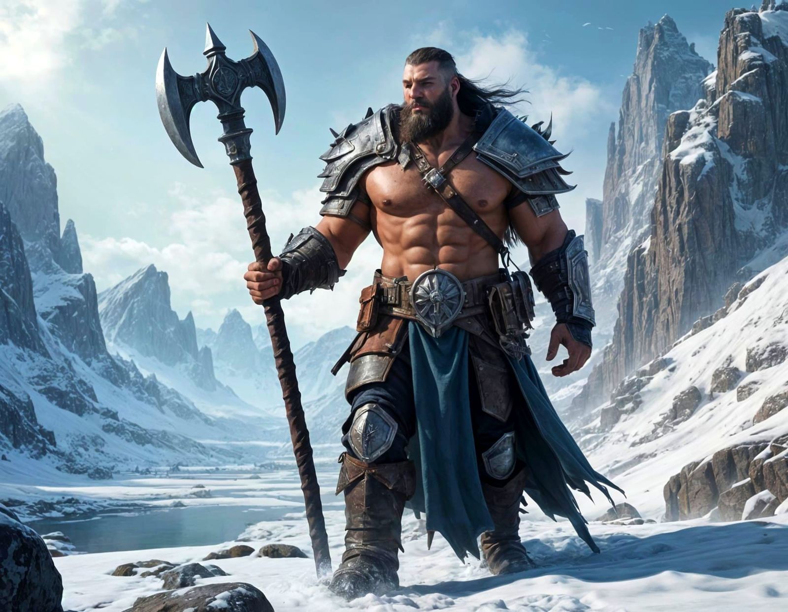 Goliath Viking Warrior on Snowy Mountain with Ships