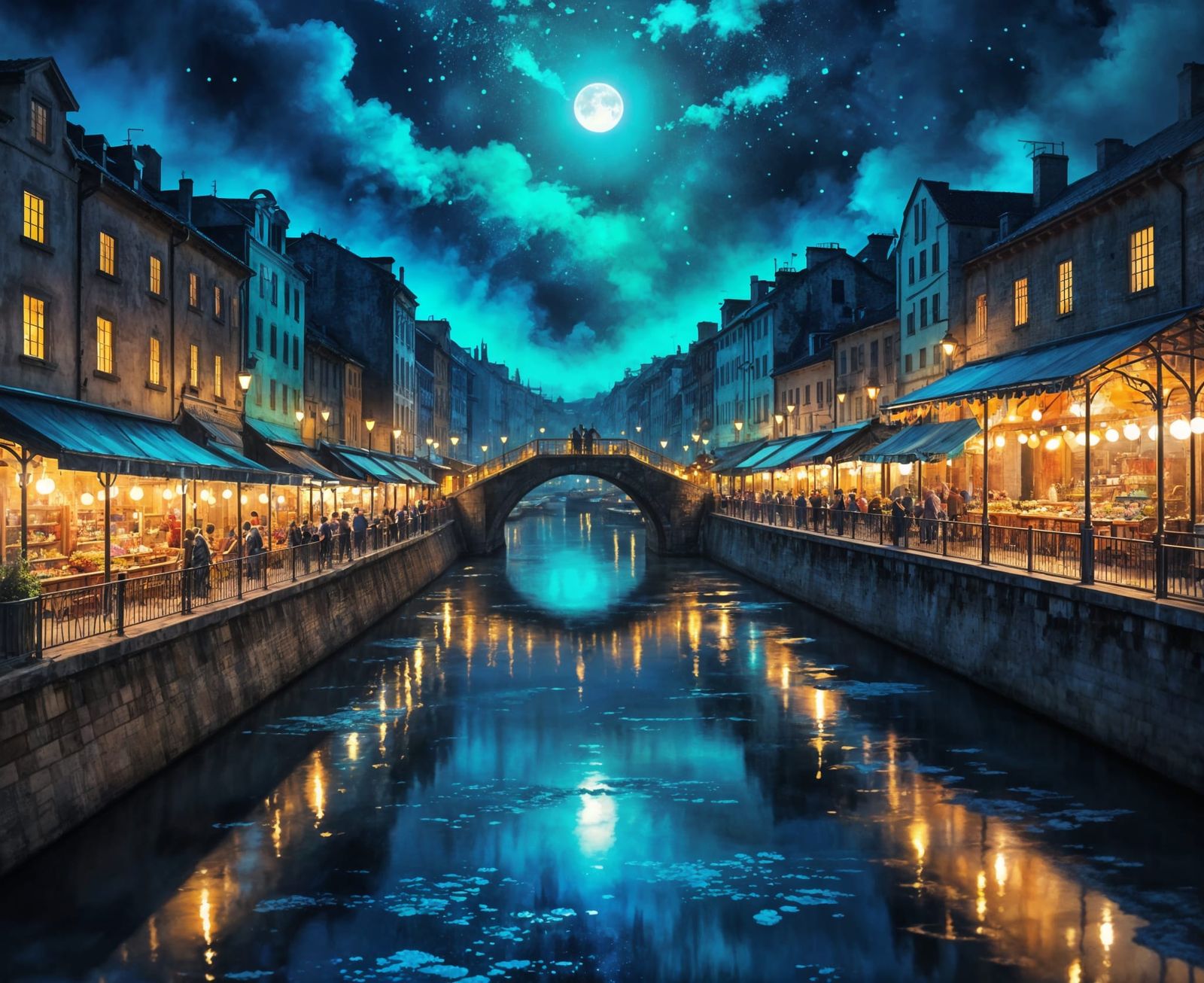 Moonlit Ponte Realto Market Night Scene in Vibrant Alcohol I...