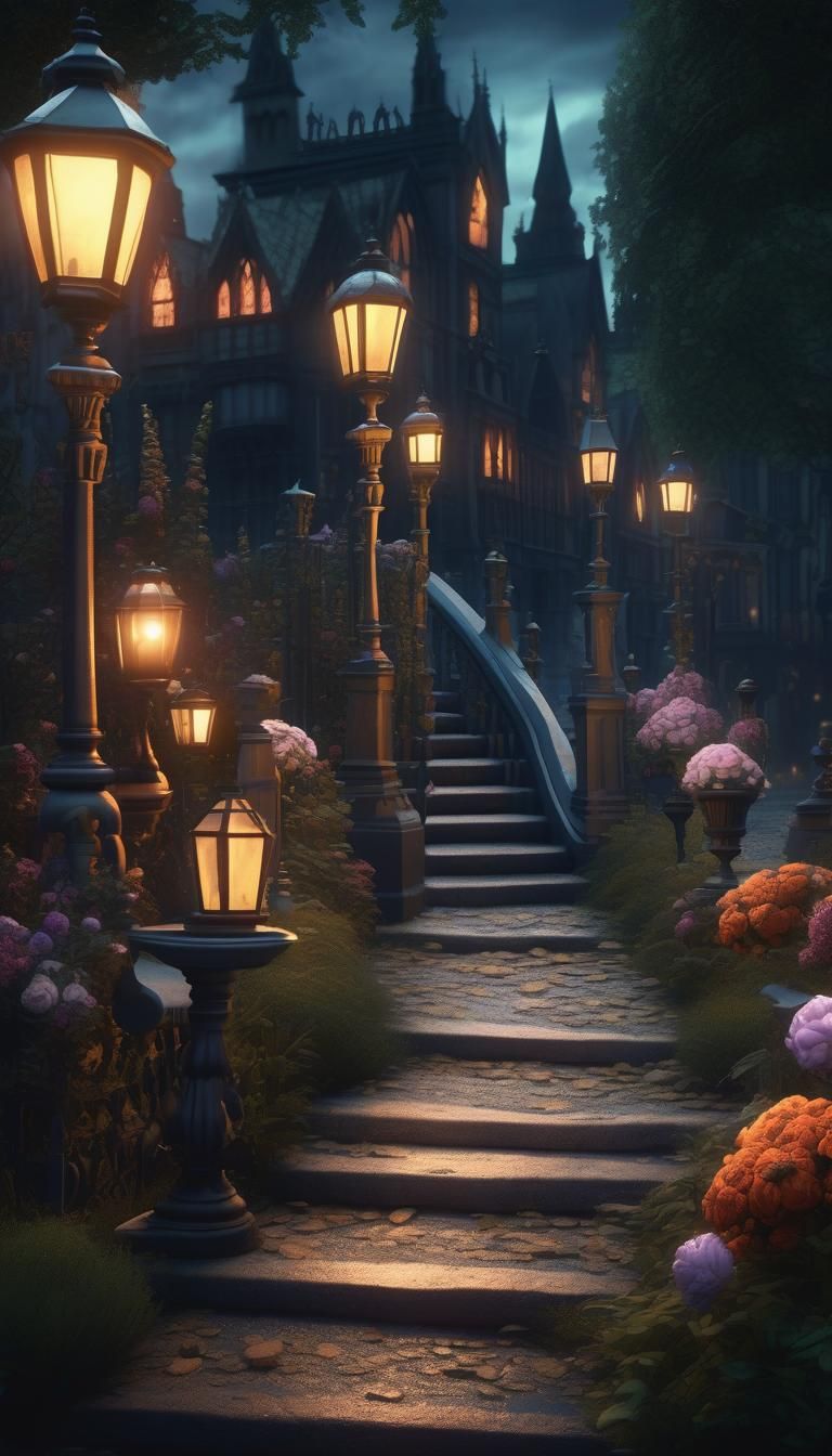 Eerie Gothic Garden Bridge in Haunted City Concept Art