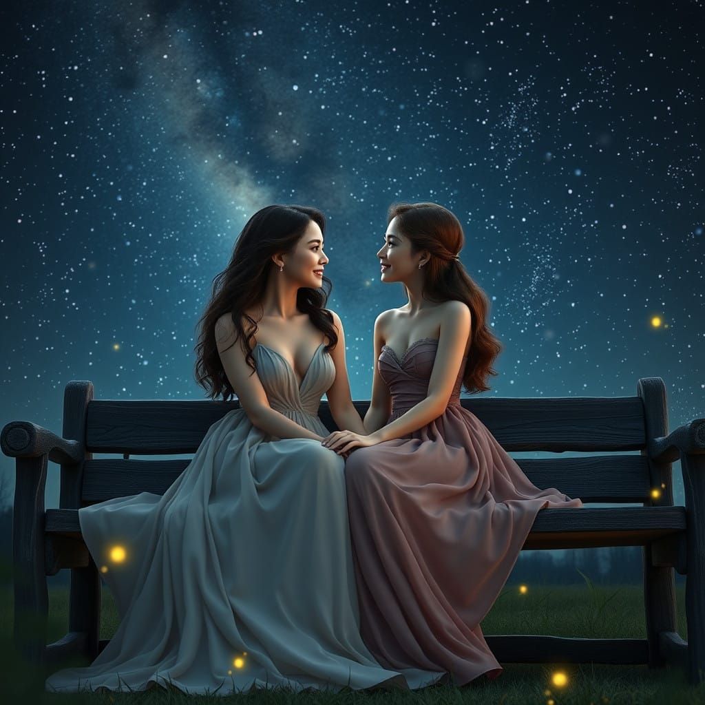 Harmonious Young Women Under Starry Night Sky