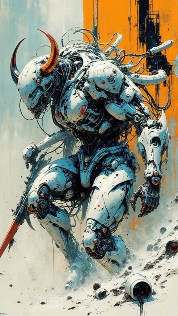Cybernetic Minotaur Cyborg in Tech Drawing Style