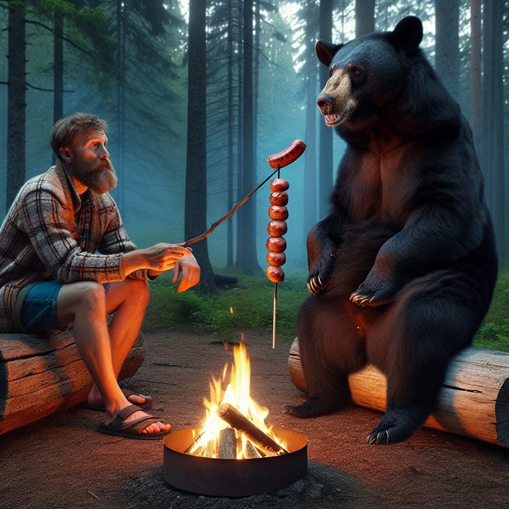 Camaraderie in the Woods: Man and Bear Camping