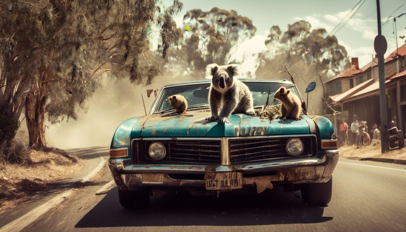 Koala Drives Car Waving Uzi, Macabre Art