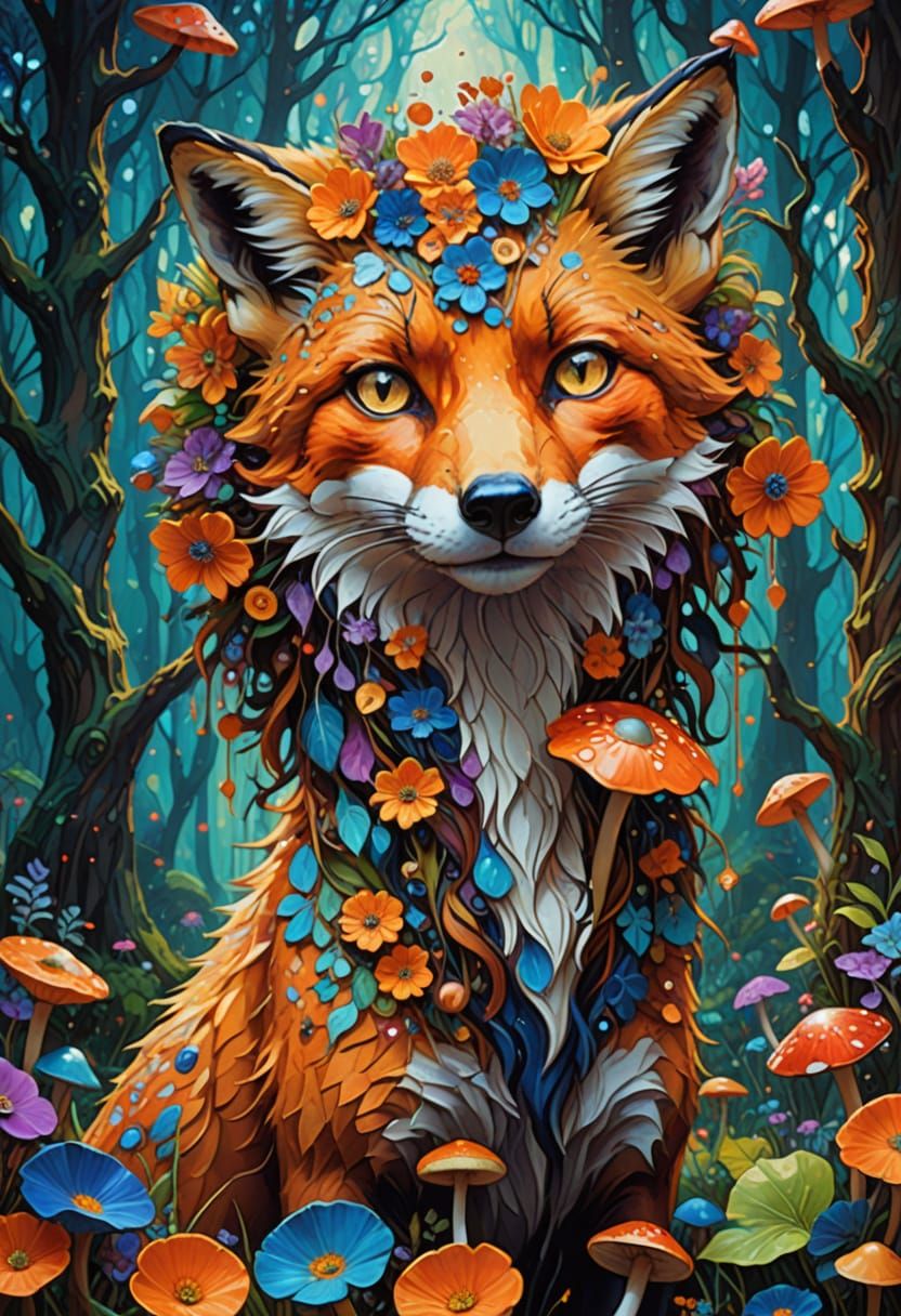 Surreal Fox in Vibrant Forest with Celtic Symbols and Klimt-...