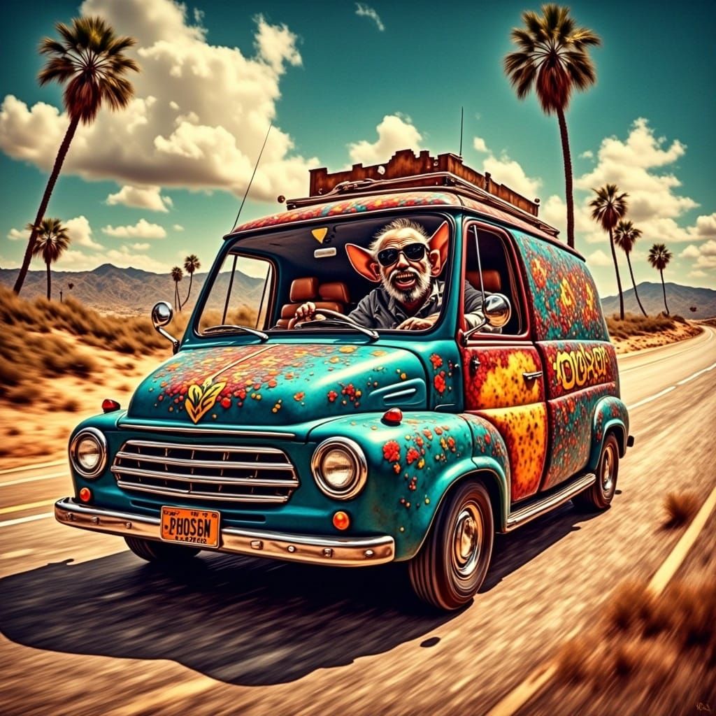 Psychedelic Boogie Van Speeds Down California Highway in 197...