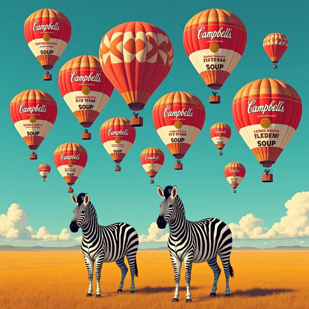 Zebras and Soup Can Balloons in Pop Art Style