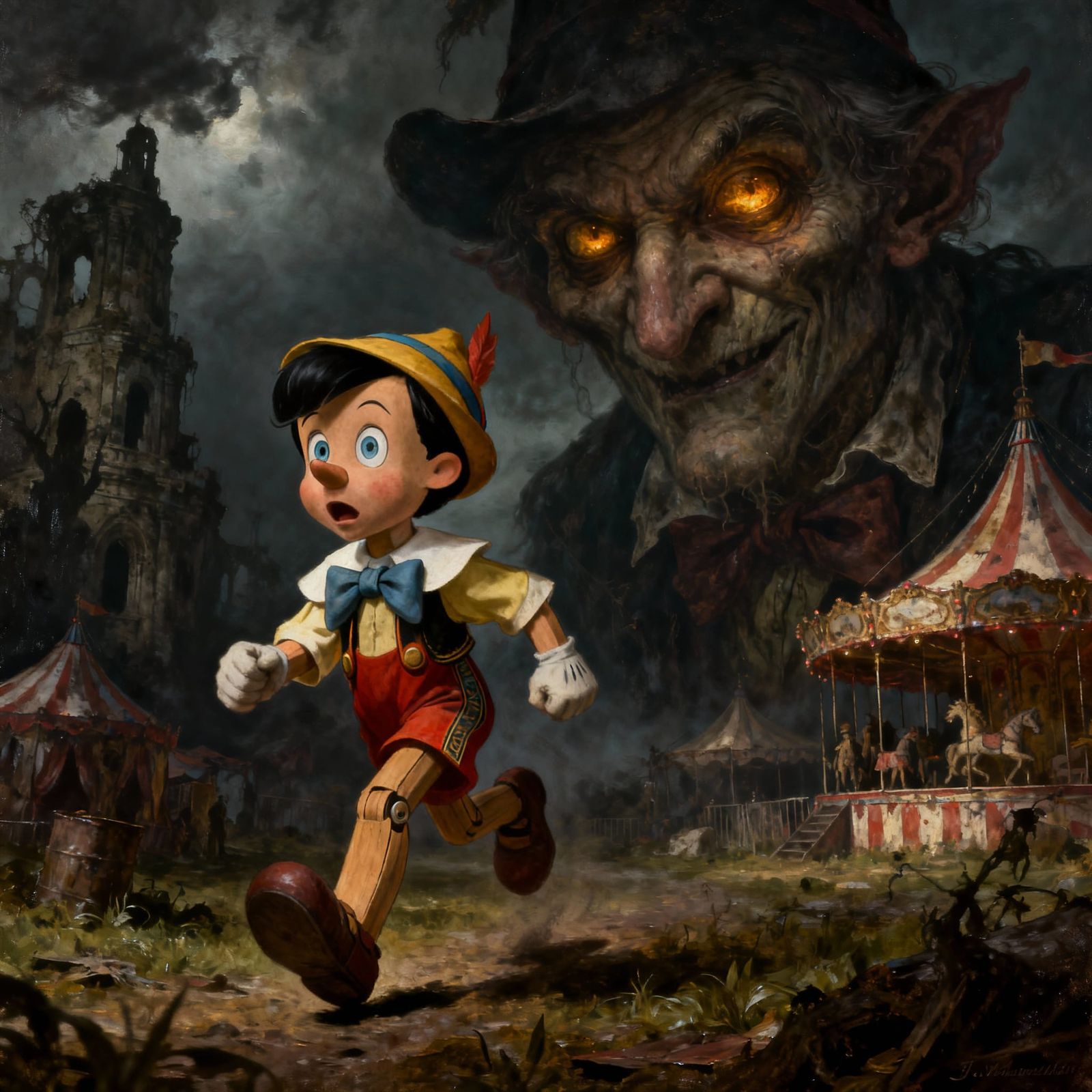 Dark Fantasy Pinocchio Flees Foulfellow in Eerie Carnival