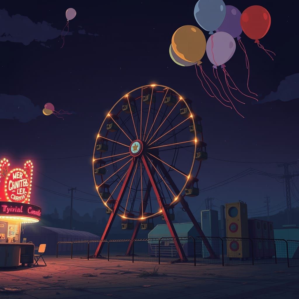 Eerie Abandoned Carnival at Midnight in Anime Style