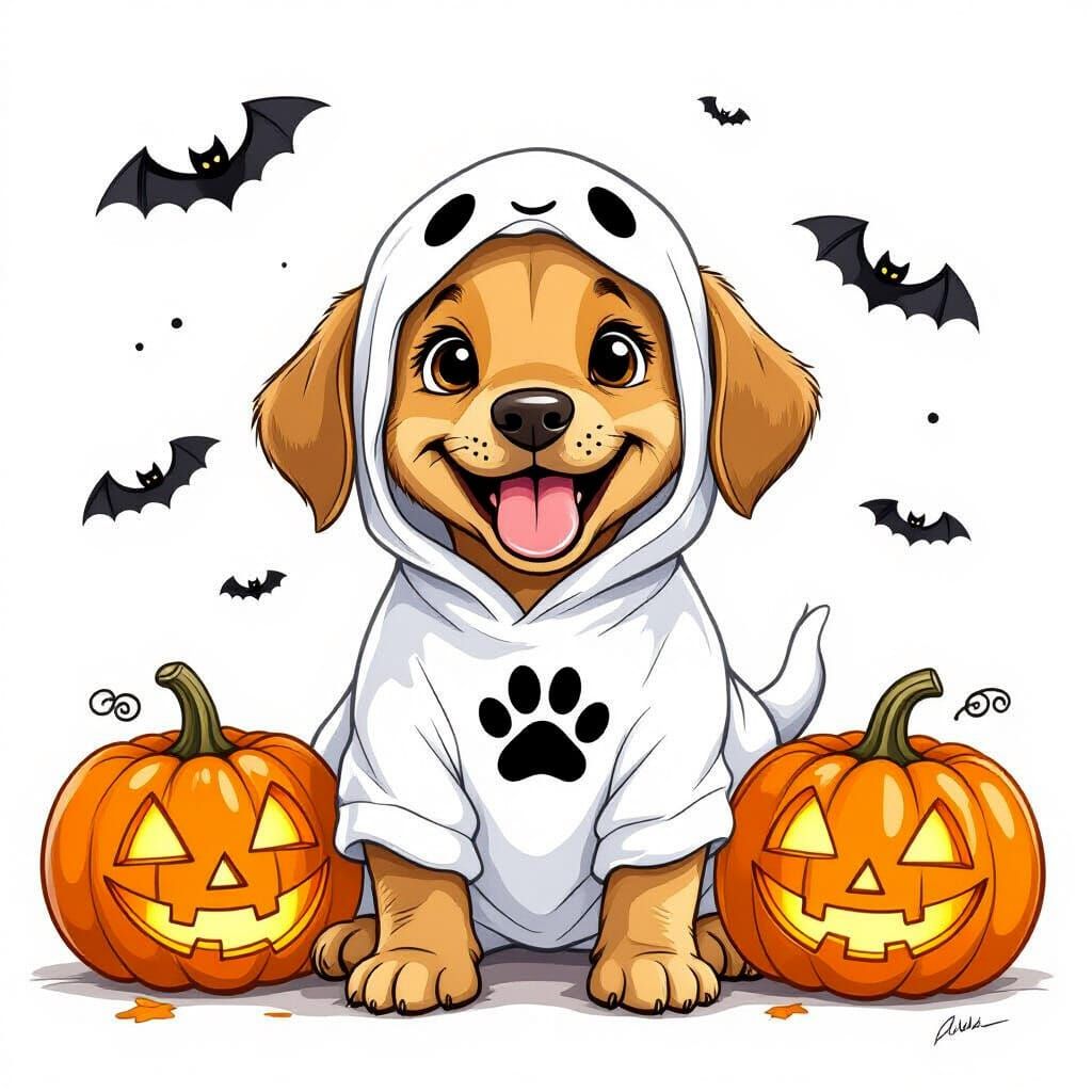 Vizsla Puppy in Ghost Costume with Jack-o'-Lanterns