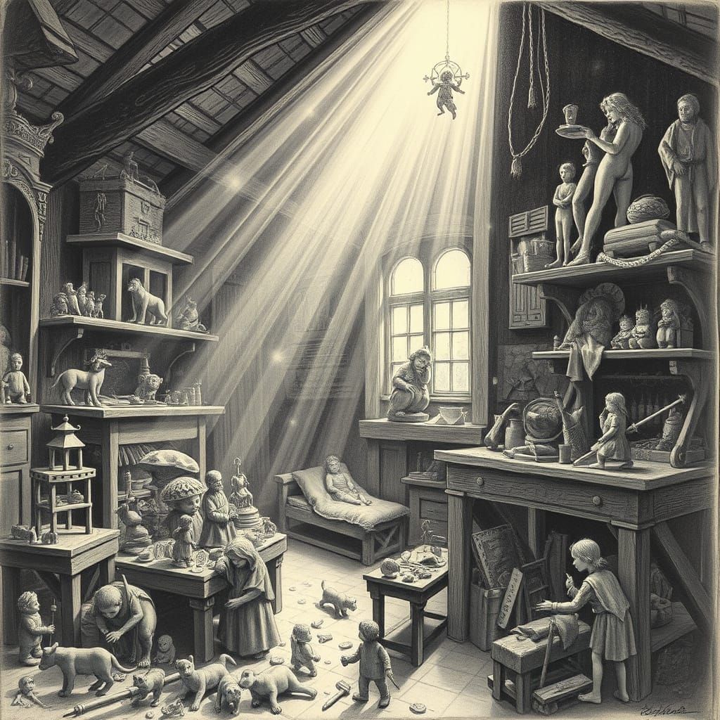 Christ Child's Workshop: Magical Hyperdetailed Charcoal Draw...
