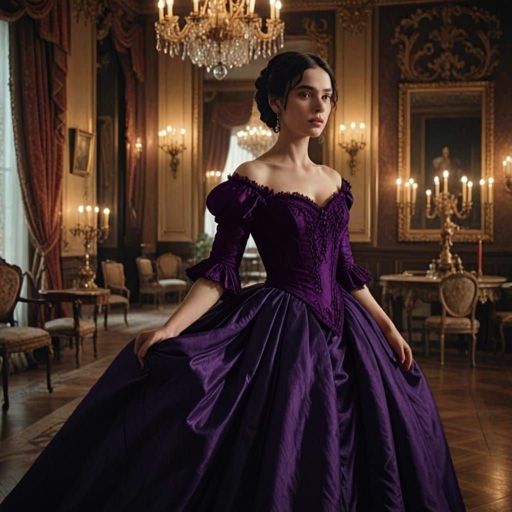 Elegant Woman in Red Ballgown in Candlelit Ballroom