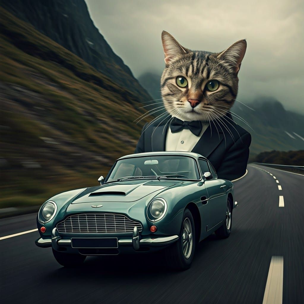 A cat dressed as James Bond driving an Aston Martin