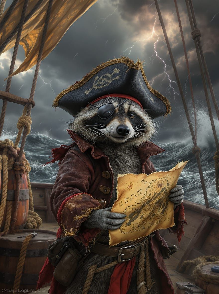 Pirate Raccoon on Stormy Seas: Hyperrealistic Adventure