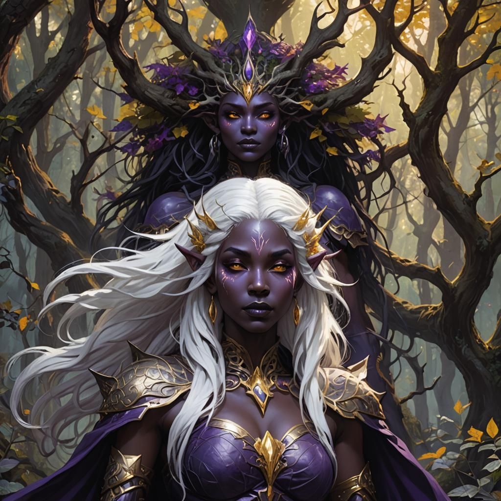 High Fantasy drow black skin white hair.