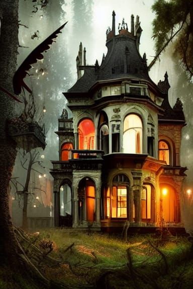 Haunted Victorian House in Dense Woods Painting