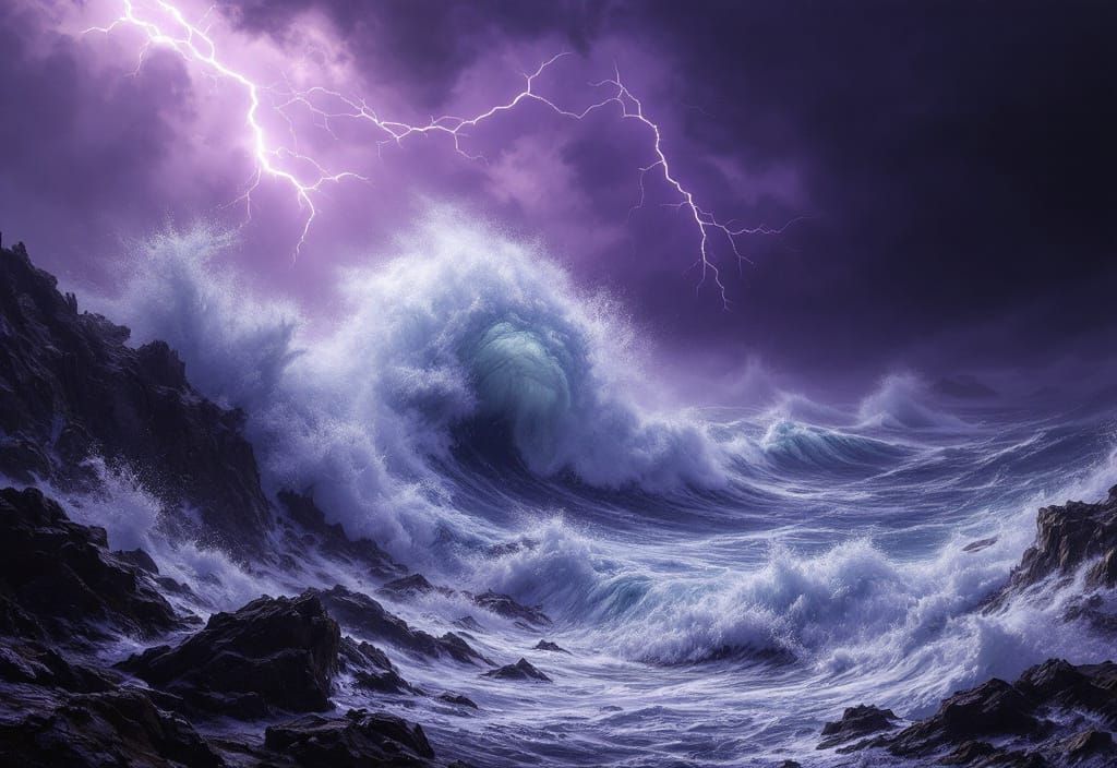 Crashing Wave Under Stormy Sky as Hyper-Realistic Painting