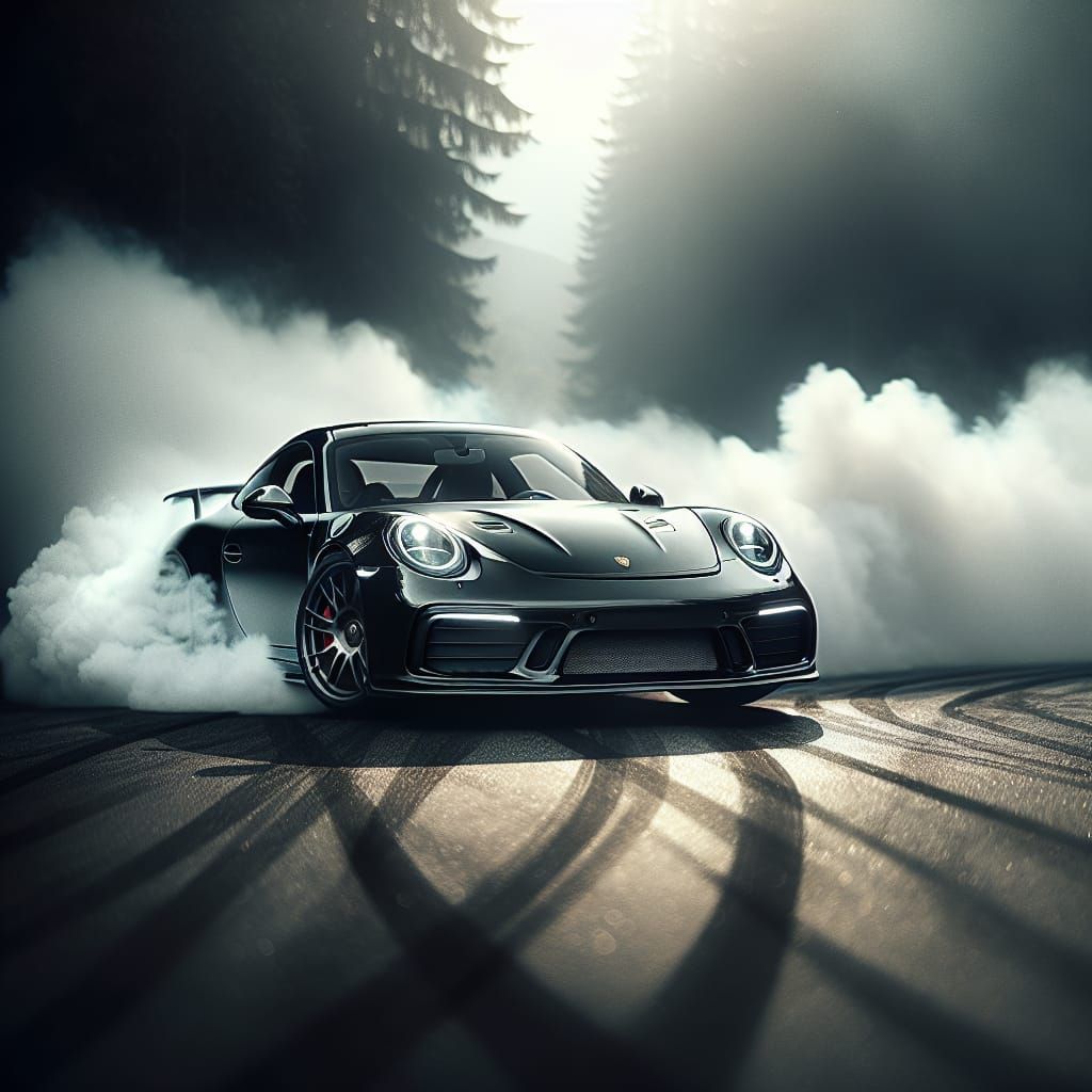 Epic Black Porsche Drift Scene in Hyperrealistic Detail