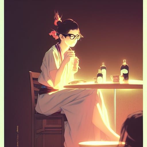 Girl at Cafe in Ukiyo-e Style