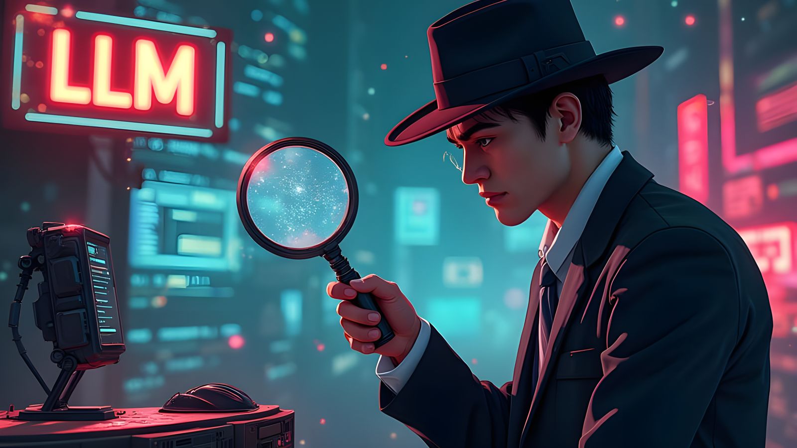 Virtual Detective Investigates AI in Cyberpunk Scene